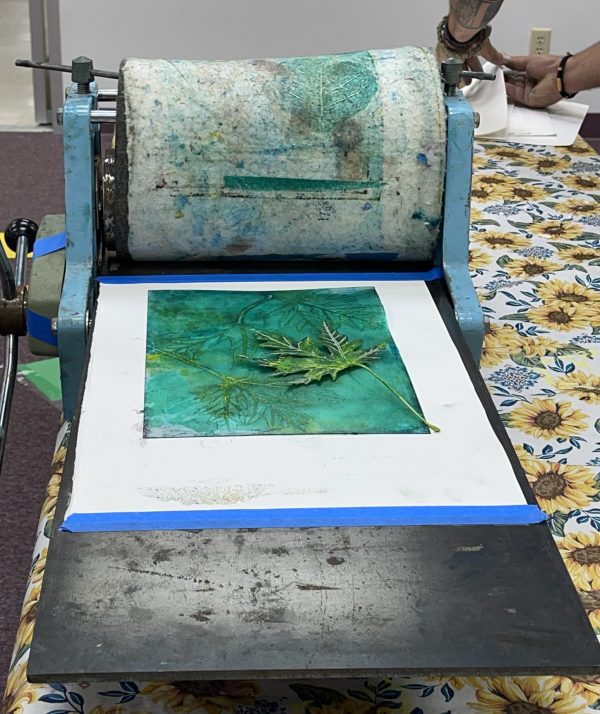 Nature monoprint of leaves on a green background